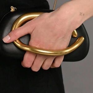 ✨ Elegant LADIES BLACK  & Gold METAL HANDLE Clutch HANDBAG PURSE *NEW*